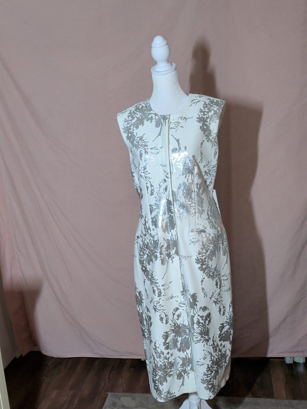 Calvin Klein White Sheath Dress with Metallic Floral Accents